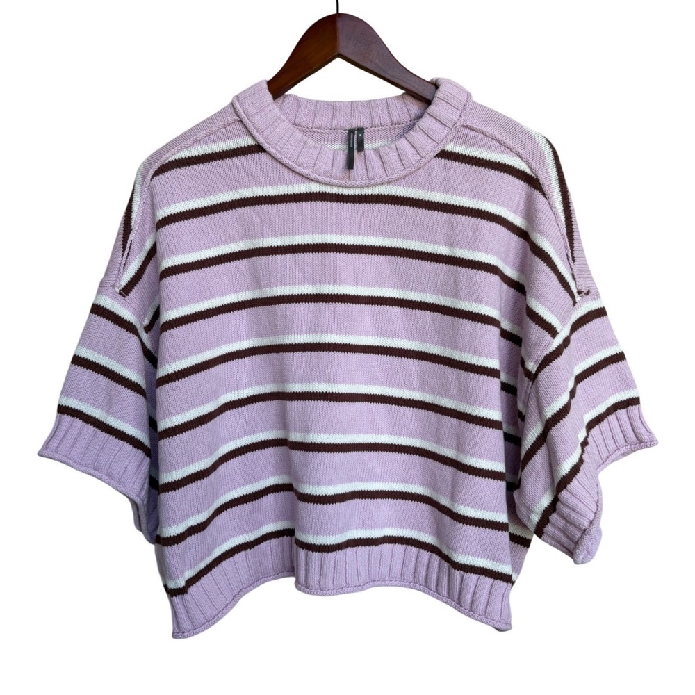 Anthropologie Striped Short Sleeve Knit Sweater Pink Brown White Size M